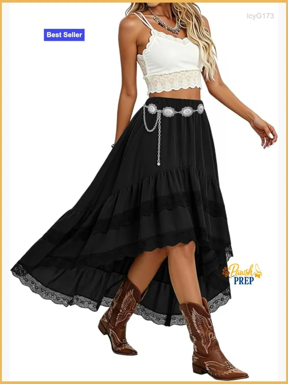 Western Boho High Waist Lace Trim Midi Skirt Asymmetrical Tiered Cowgirl